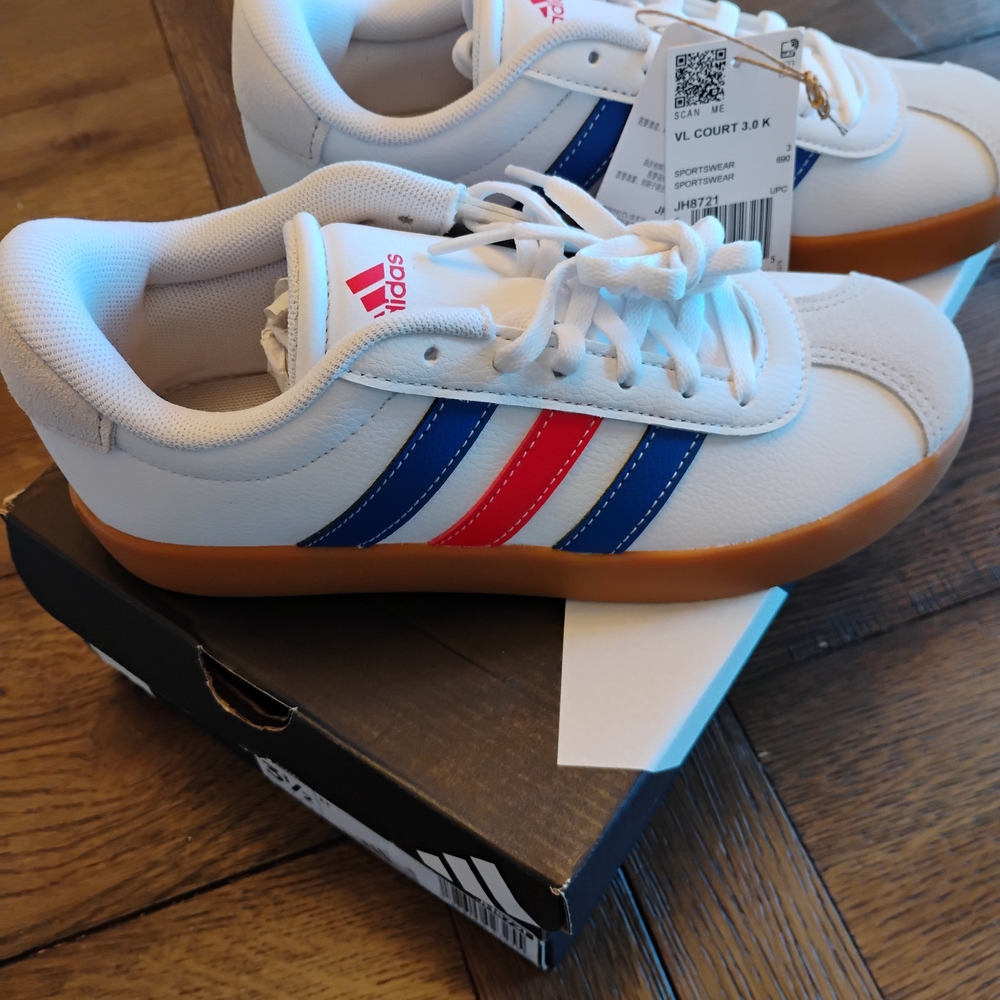 Kids Adidas VL Court 3.0K White Sneakers with Blue and Red Stripes